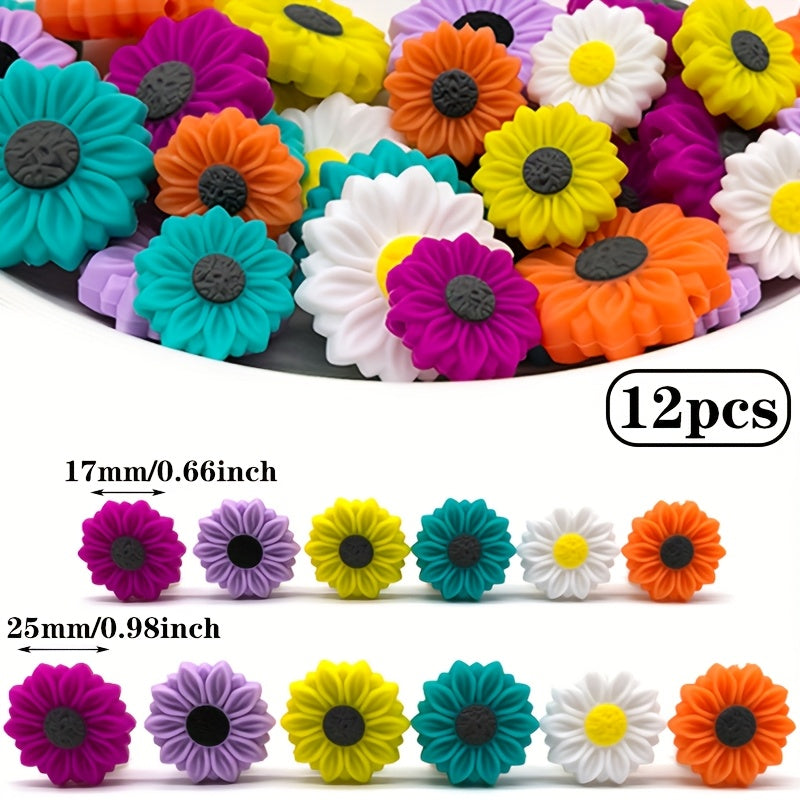 TEMU 12pcs Silicone Flower Beads - Vibrant (purple, Blue, Green, Yellow, Orange) With Black , Making, Bracelets, Necklaces, Keychains, Phone Charms,