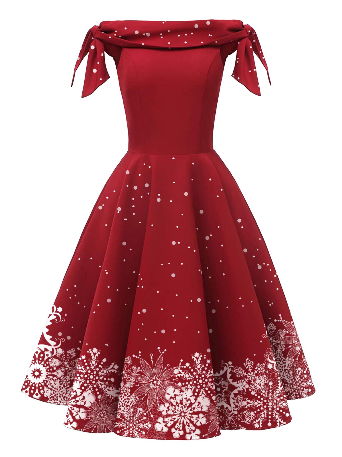 Christmas Off-shoulder Snowflake Swing Dress Red,S