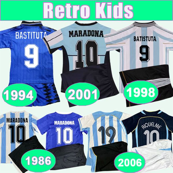 1994 BATISTUTA Kids Kit Retro Soccer Jerseys 1986 2001 MARADONA Home Away Commemorate Blue White Vintage Football Shirts Short Sleeve Unifor