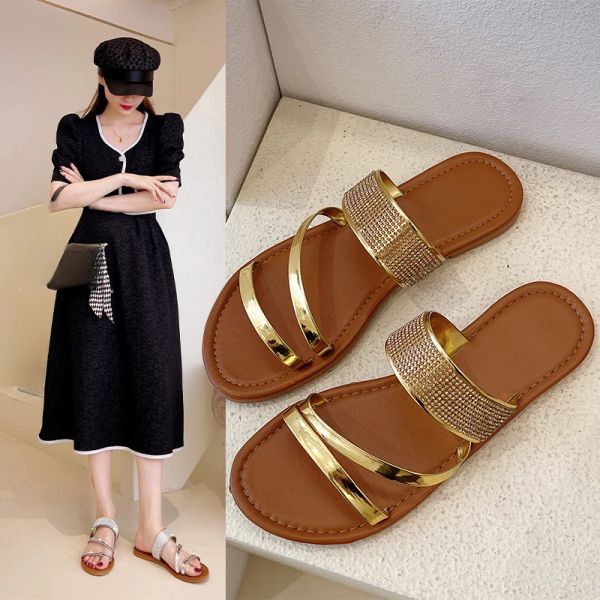 Summer New Women&#039;s Fashion Gold Sier Patent Leather Flat Heel Sandals Bg Rhie Narrow Band Beach Casual Slippers d170