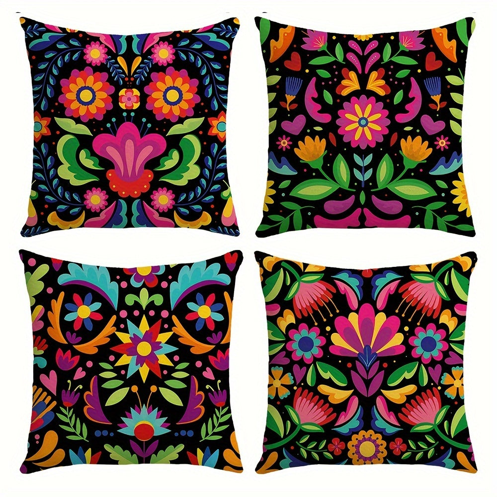 TEMU 4pcs Bohemian Style Mexican Pillowcases, 17.7*17.7 Inch, Pattern, Woven Polyester, Zipper Closure, Hand Wash Only, With Decorative For Living