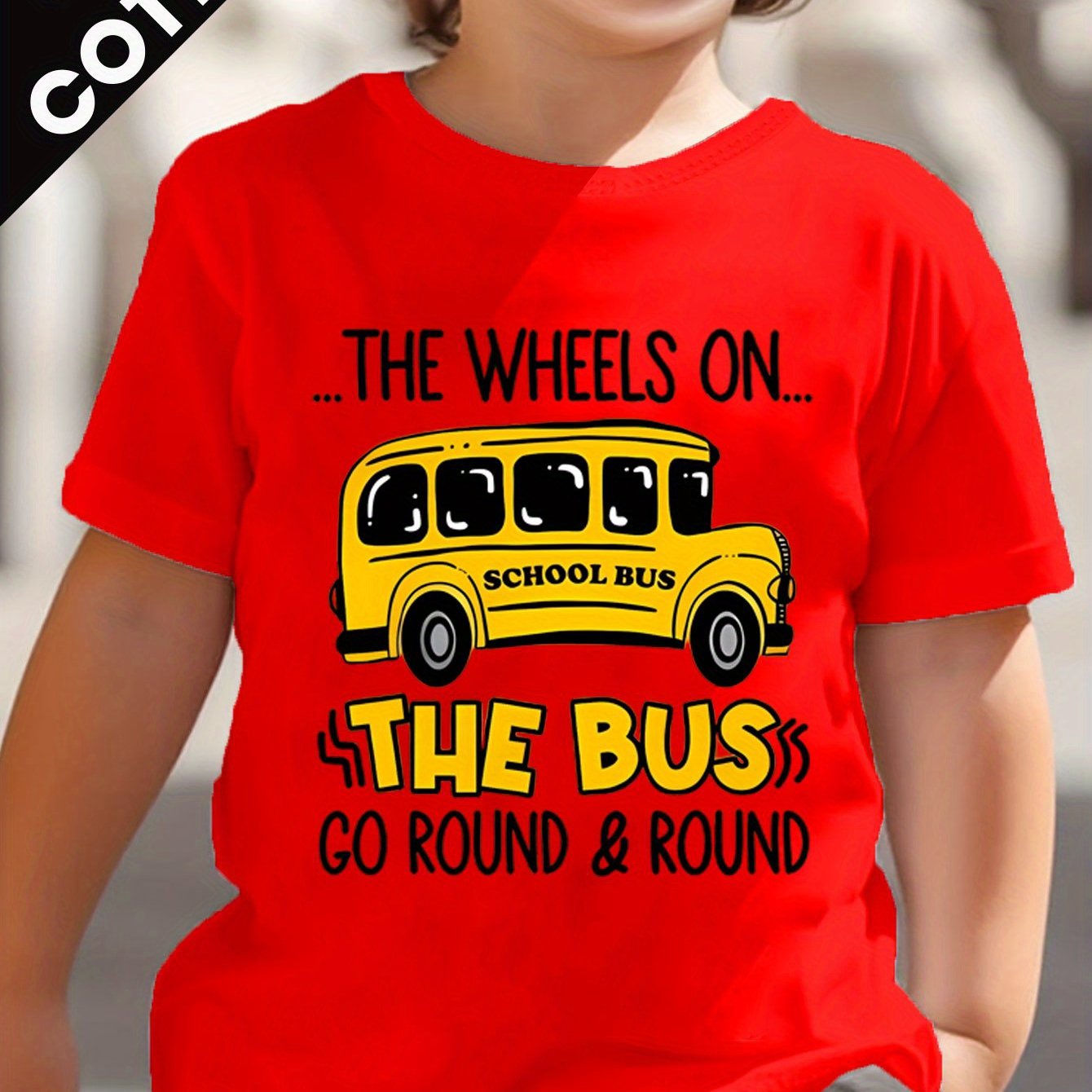 TEMU Summer 100% Cotton Fashionable Boy's " On Th Bus Go " Cartoon Letter Print Short Sleeved T-shirt For Boys