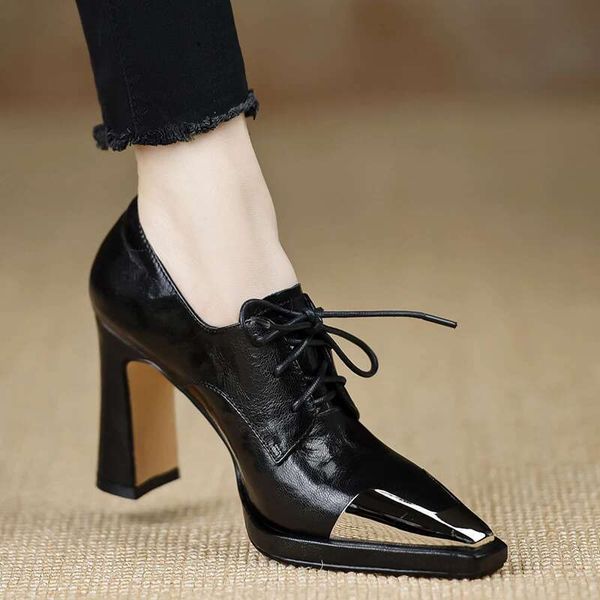 2025Shoes Women Lace Up Gen uine Leather High Heel Pumps Female Low Top Metal Pointed Toe Wedding Party Ankle Boots Casual Shoes