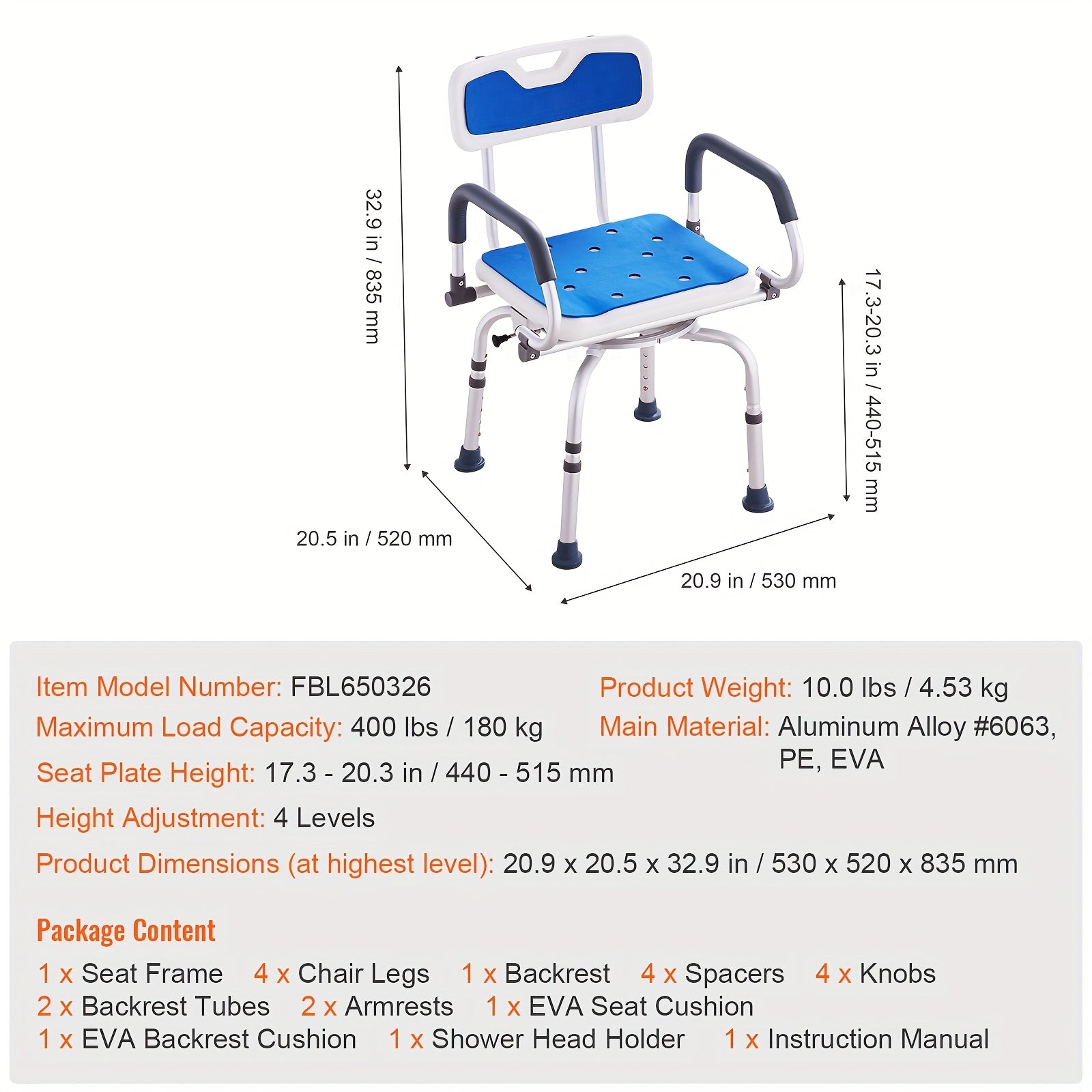 TEMU Shower Chair With Adjustable Height, 400 Lbs Capacity, Aluminum & Plastic Construction, Design, No Shower Curtain Slot, Non-electric, Safe