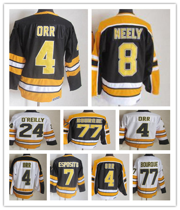 Men Bobby Orr Boston Vintage Hockey Jerseys 7 Phil Esposito 24 Terry O&#039;Reilly 8 Cam Neely 77 Ray Bourque Stitched CCM Retro Uniforms Black Whit