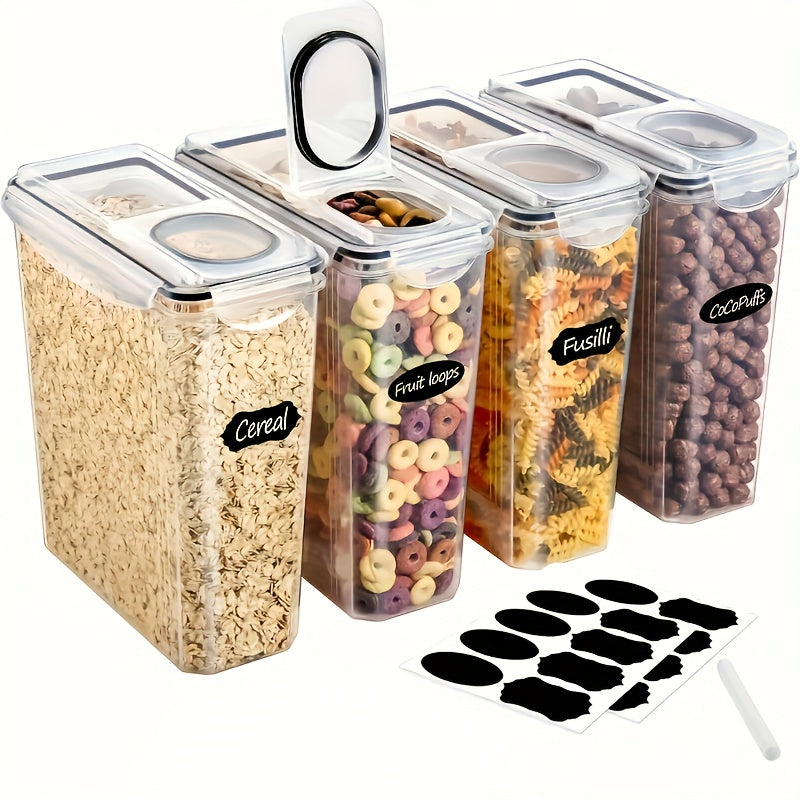 TEMU 4pcs Airtight Cereal Container Set, Transparent Food Organizers With Lids 4 Liter Reusable Labels & Marker, Clear