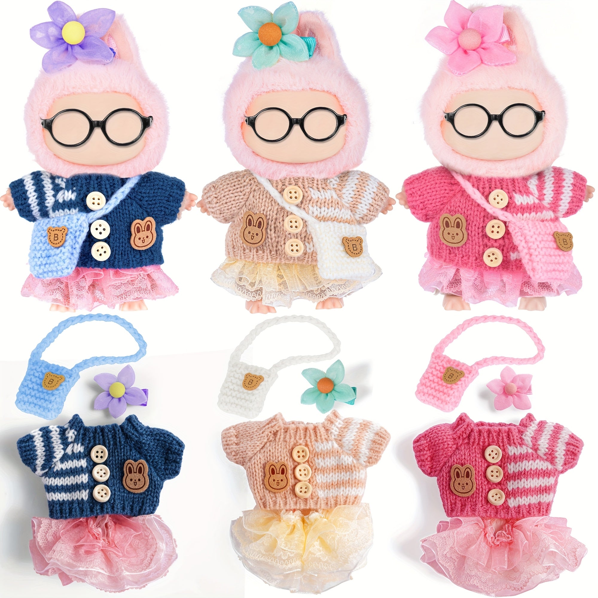 TEMU 3 Sets Doll Clothes For Labubu-fashion Outfit Collection Knit Tops + Tulle Skirts + Floral Hair Clips & Bags -( No Doll No Glasses)festive Gift