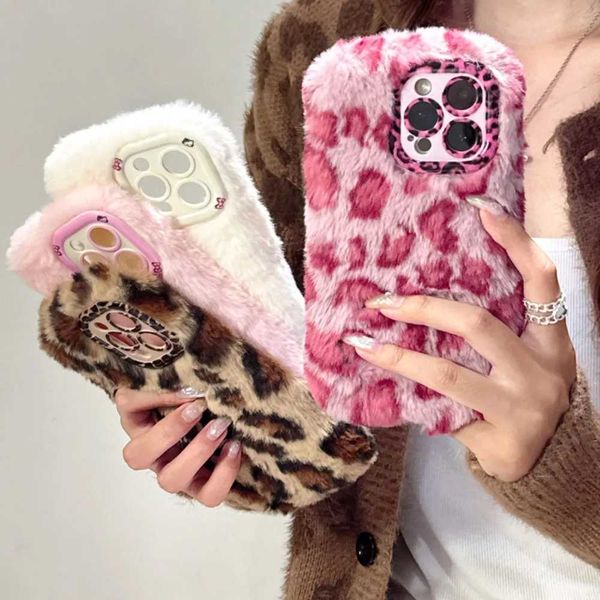 Hot Sale Suitable for iPhone 11 12 13 15 16 Pro Max Plus plush embroidered leopard print phone case with cartoon hole lens holder to protect