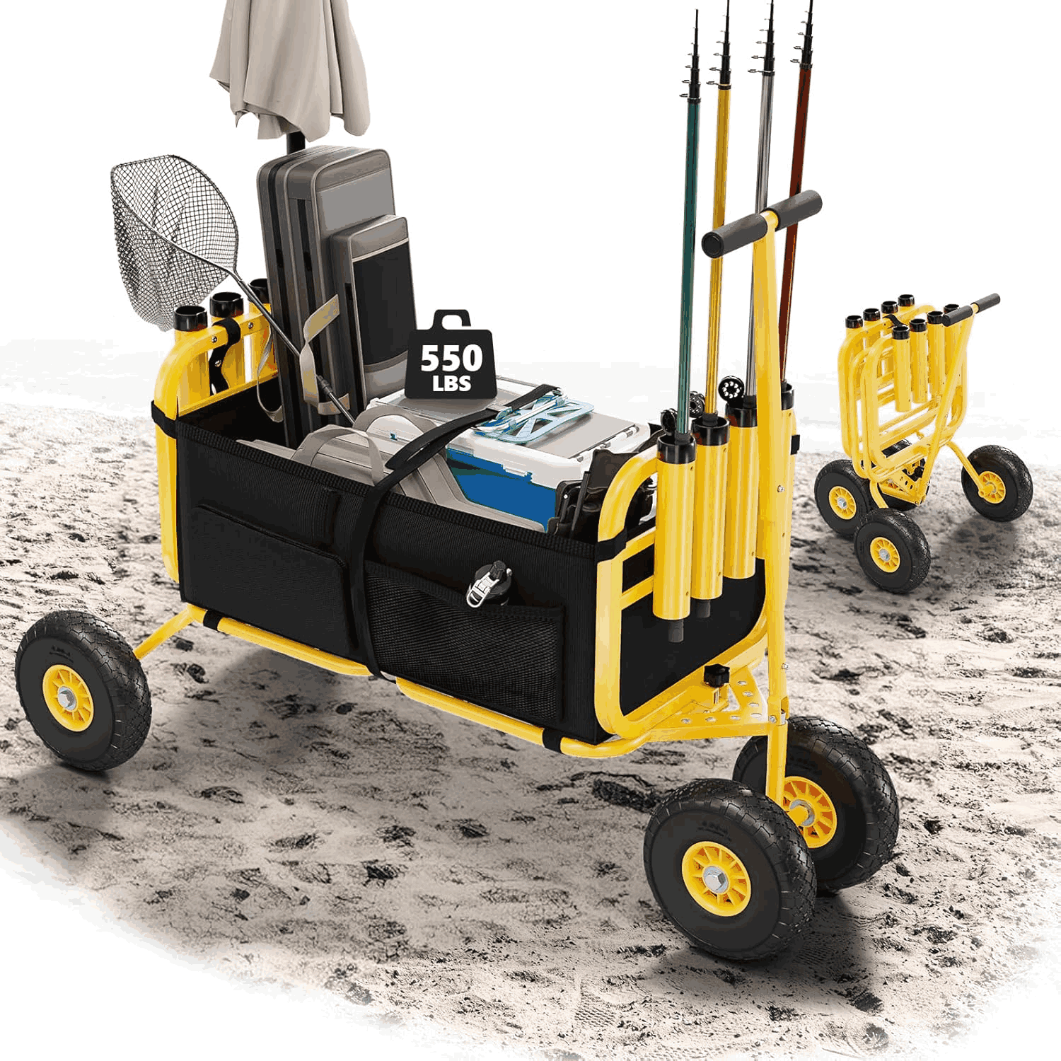 TEMU Beach Fishing Cart, Beach Wagon Trolley With 11" Big No-flat Airless Tires, Foldable Beach Trailer With Large Cargo Basket, 550 Lbs Capacity, 8