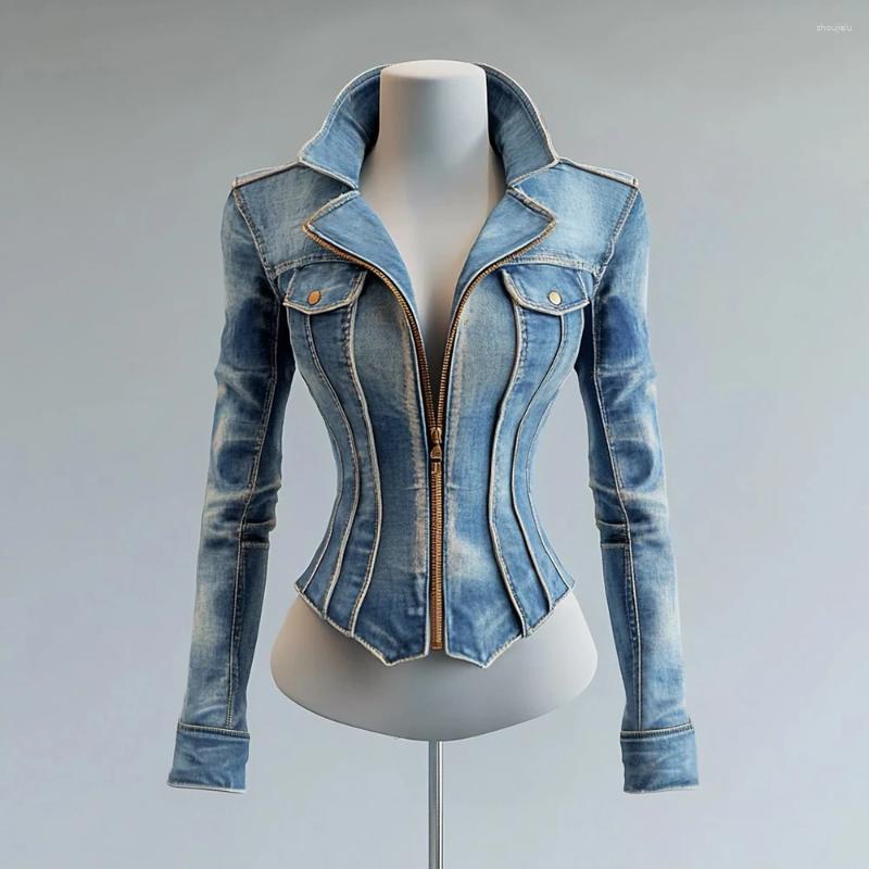 Women&#039;s Jackets Elegant Slim Imitation Denim Suit Jacket Zipper Lapel Long Sleeve High Street Fashion Outerwear Female Streetwear Casual