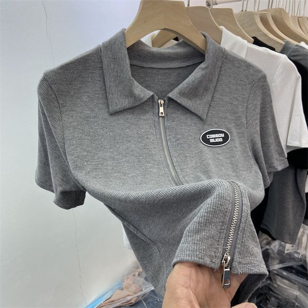 Short double zippered t-shirt for women&#039;s summer short Korean version minimalist half sleeved Polo collar top