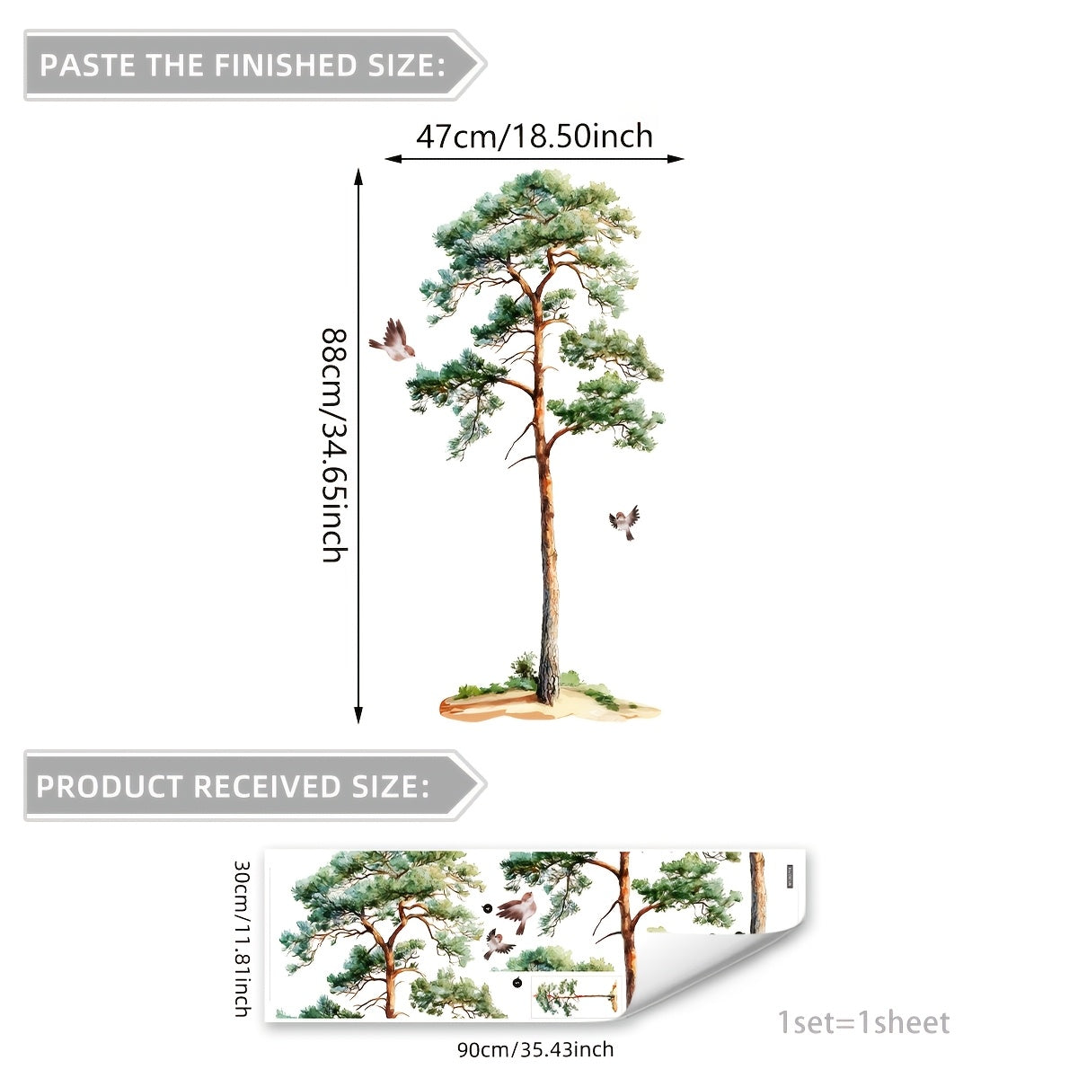 TEMU Creative Pine Tree & Bird Wall Decal - 30x90cm, Removable Self-adhesive Sticker For Living Room, Bedroom, Hallway - Decor, Entrance Door,