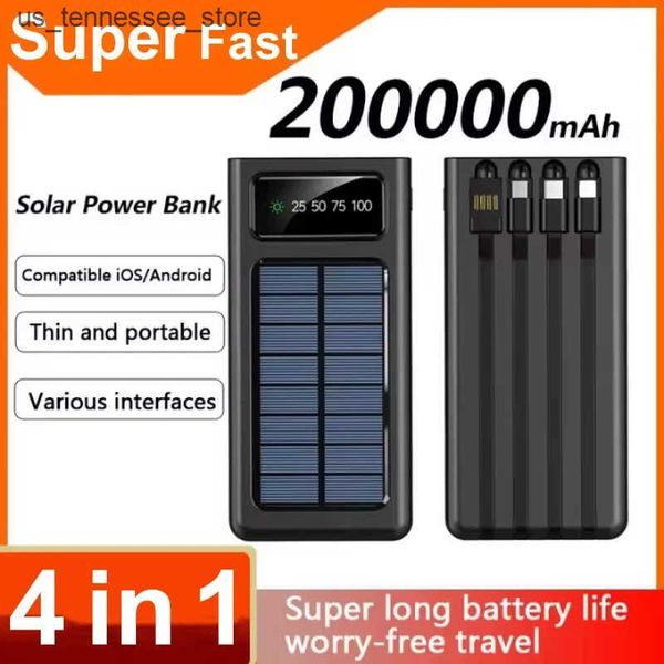 Cell Phone Power Banks 200000mAh Solar Power Bank Digital Display Solar Battery Large Capacity Fast Charging Built-in Cable Power Bank Exter