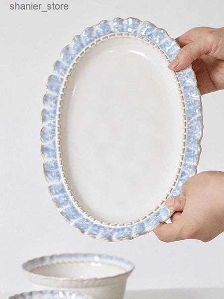 Dishes Plates Ahunderjiaz European style palace ceramic lace stapler simple blue breakfast cup glue free coffee cup household tableware set