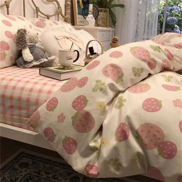 Cute Pink Strawberry Duvet Cover Flat Sheet with case Floral Bedding Set Twin Full Size Soft Polyester Bed Linens for GirlC241122