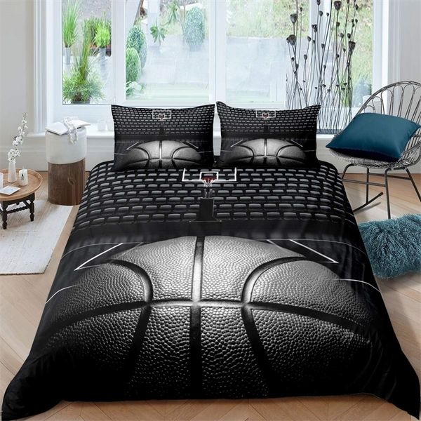 Bedding sets Basketball Duvet Cover Set Black 3D Ball Sports Theme Bedding Set Microfiber Basketball Court Competitive Games King Quilt Cove