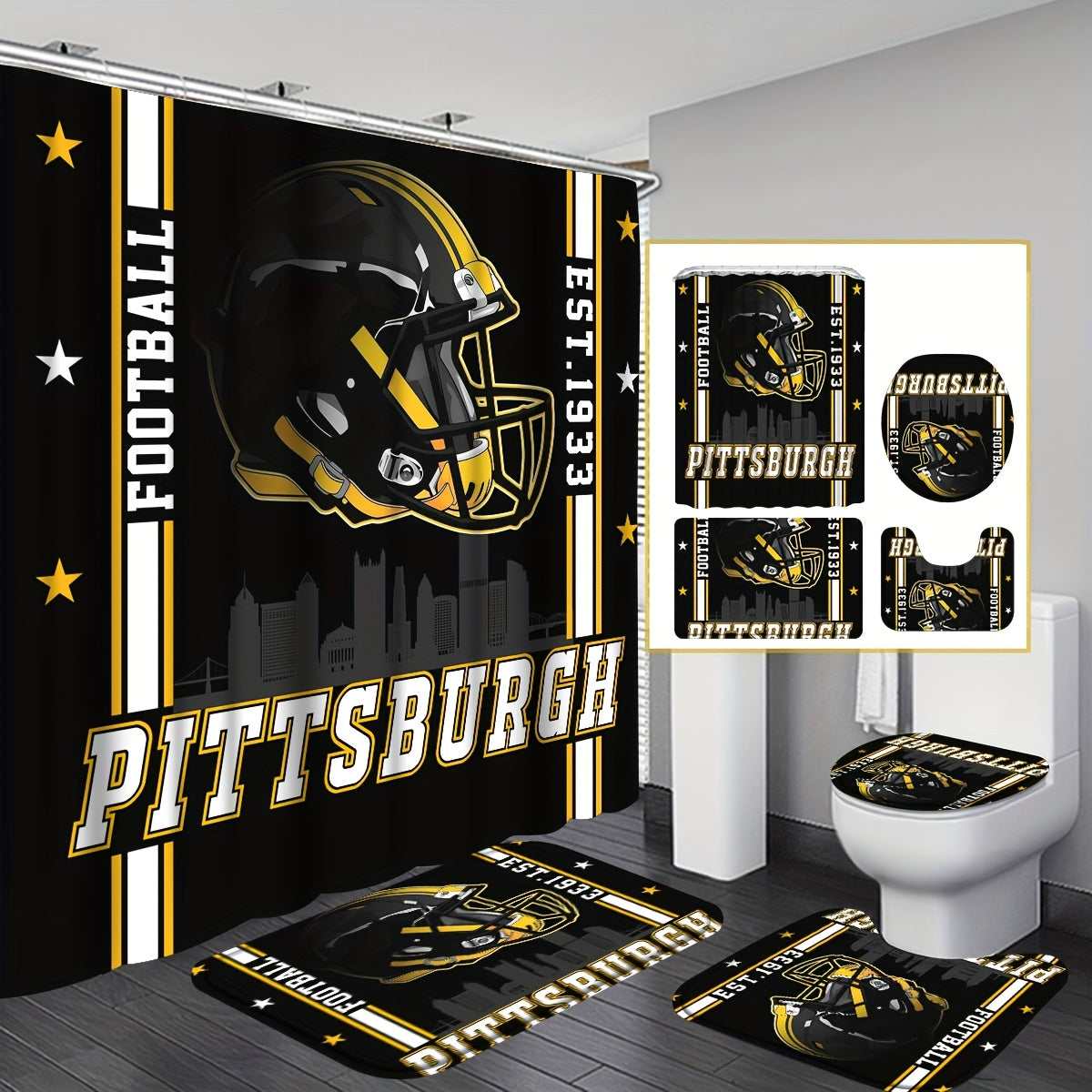 TEMU 4pcs 1933 Football Team Bathroom Shower Curtain Set, Football Team Helmet Bathroom Curtain With 12 Hooks, Bathroom Non Slip Rugs, Toilet Cover