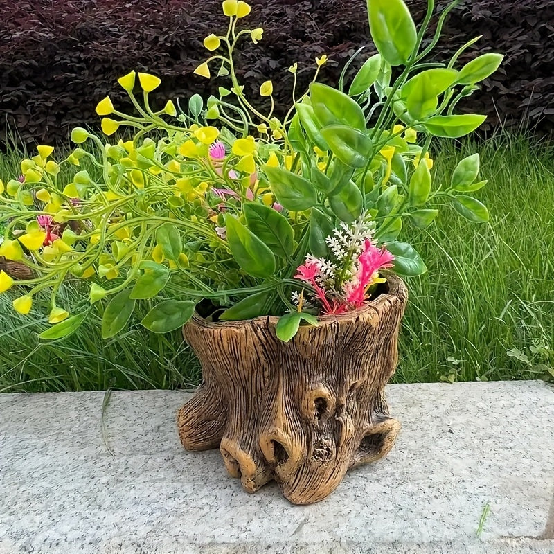 TEMU Vintage Resin Stump Flower Pot - Rustic Decorative Garden Planter, Ideal For Patio And Lawn Display, Outdoor Flower Container With Natural