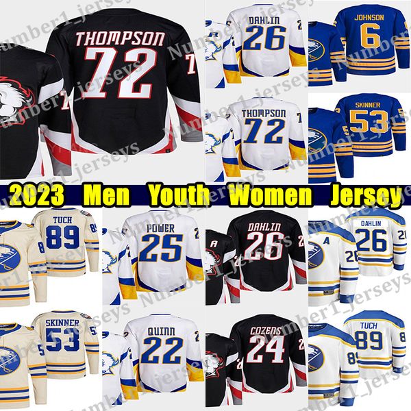 #72 Tage Thompson hockey jersey #27 Devon Levi Rasmus Dahlin Dylan Cozens Owen Power Kyle Okposo Alex Tuch Tyson Jost Erik Johnson Custom Me