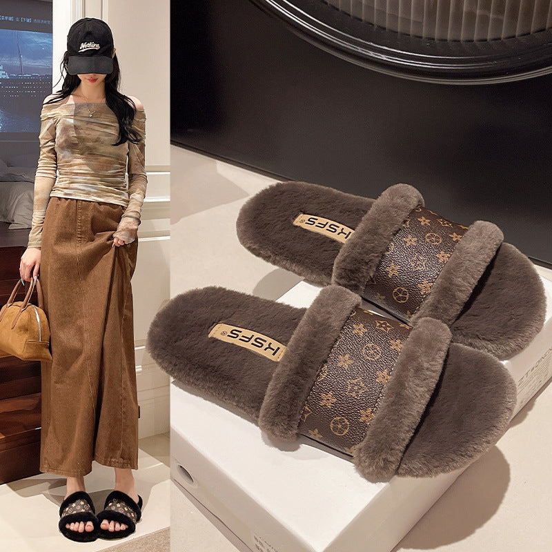 free shipping Casual Flat Hairy Slippers for Women Fashionable with Velvet Warmth for Outerwear Home Room One line Drag