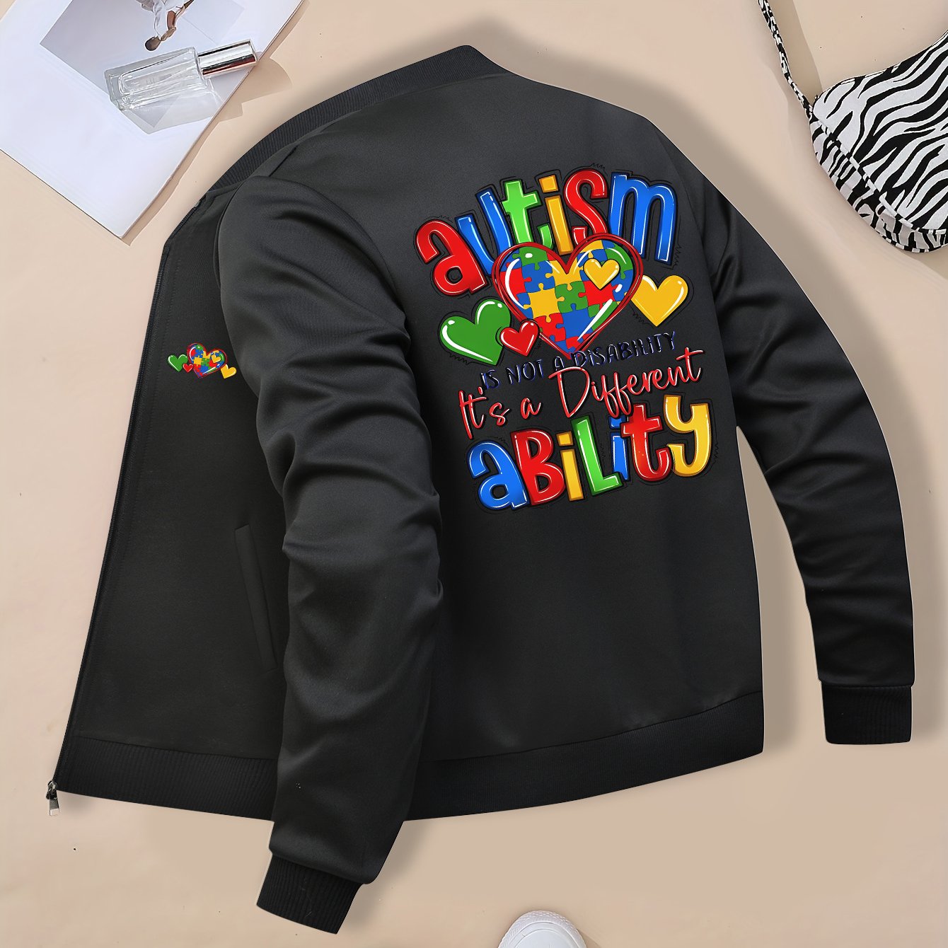 TEMU Women's Turquoise Autism Awareness Jacket With Puzzle Piece & Symbol Design - Soft Turquoise Color With Colorful Puzzle Print, Zip-, Long Sleeve