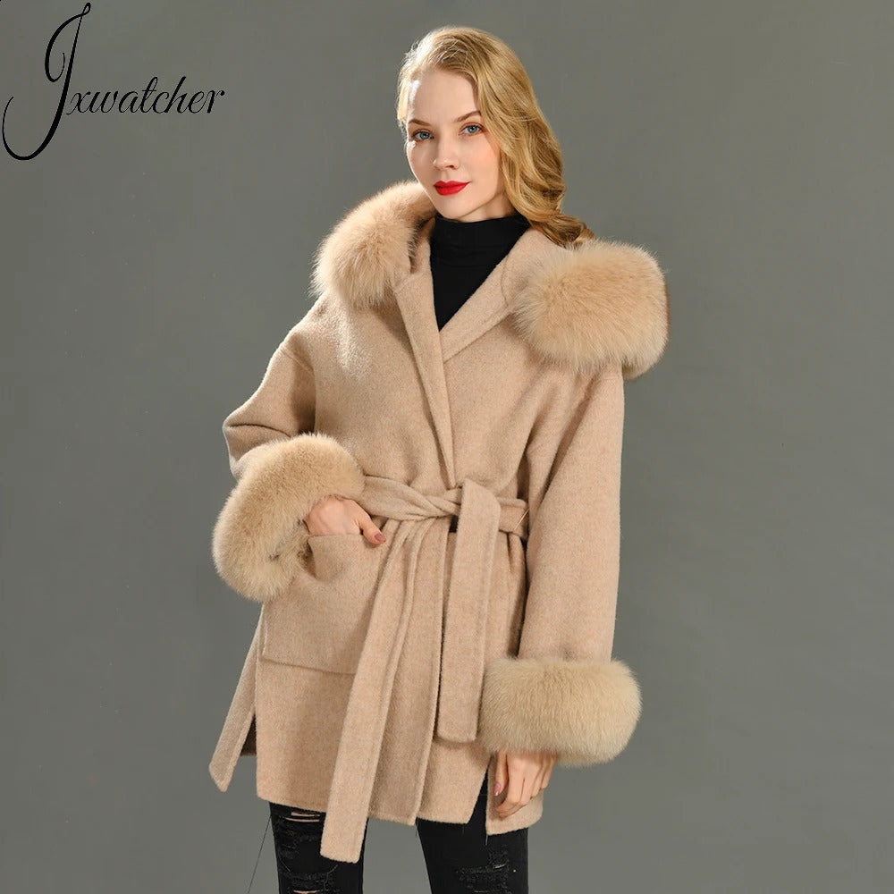Real Fur Coat Hood Winter Jacket Womens 100% Natural Fox Fur Collar Cuff Cashmere Wool Blended Oversized Coat Loose 240826