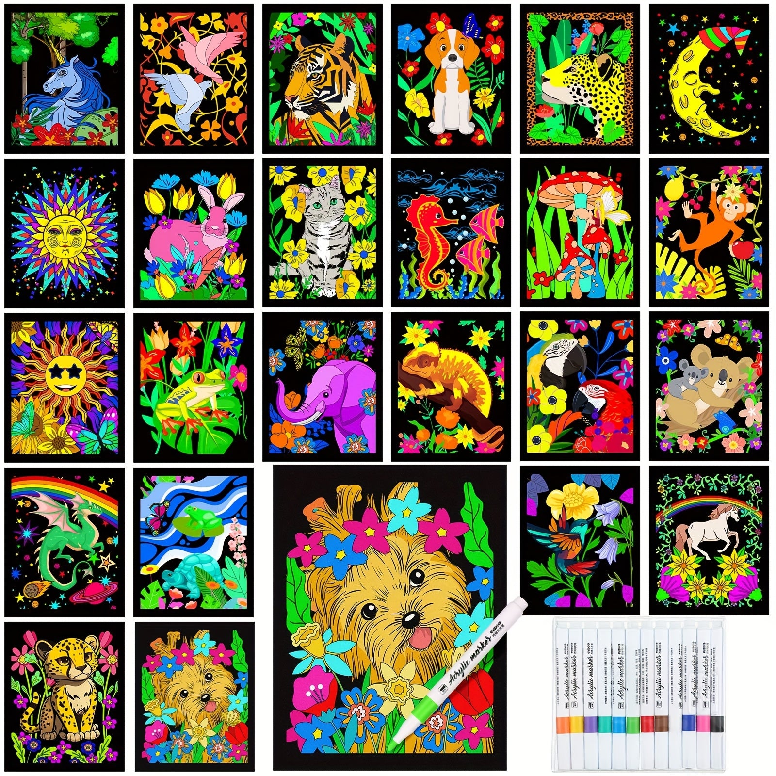 TEMU Pack Of 48 Velvet Coloring Posters And Watercolor Pens Animal Fuzzy Velvet Coloring Posters For Adults Teenagers Large Poster For Classroom