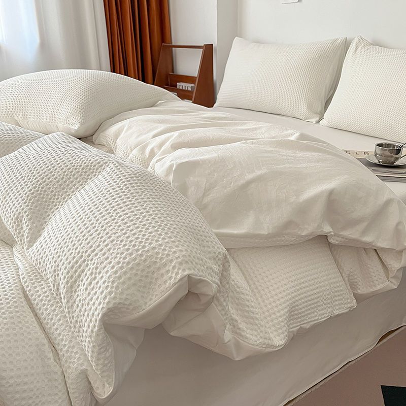 Premium Waffle Weave Breathable Cotton Bed Sheet Set, White - Pillowcase(2pcs)