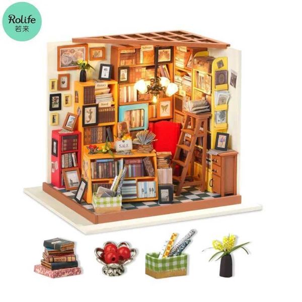 Robotime Wooden Library Model Kits Building DIY Dolls House Kit Miniature Craft 1 24 Scale Book Store with Furniture Accessories M240824
