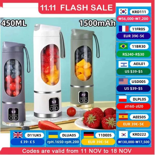 Juicers 2024 New Household Charging MINI Crushed Ice Electric Juicer Powerful Motor 450ML Large Capacity Digital Display Juice Cup J241114