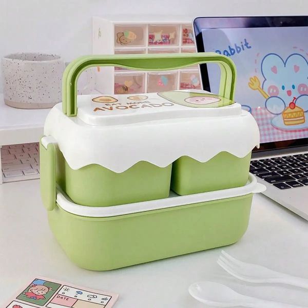 Double-deck Fruit Lunch Box Household Tableware Avocado Peach Cute Large Capacity Outdoors Portable Bento Box with Spork Spoon 250207