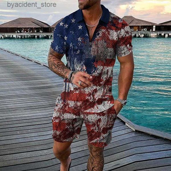 Men&#039;s Tracksuits USA American Flag 3D Print Mens Tracksuit Short Sleeve Zipper Collar Polo Shirt Shorts Sets 2 Pieces Male Streetwear S
