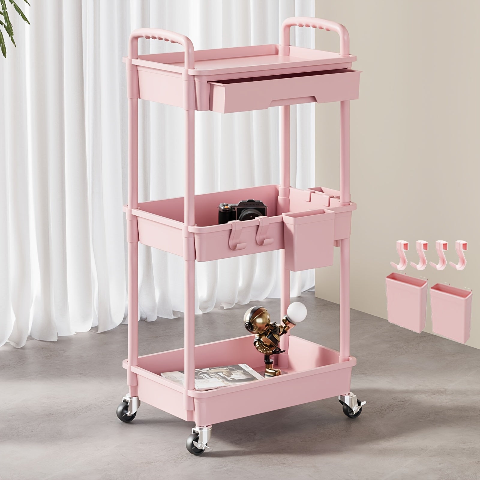 TEMU Pink 3-tier Heavy-duty Rolling Storage Cart With Lockable Wheels, Drawers & Hooks-cup Holders - Durable Plastic Mobile Organizer Cart With