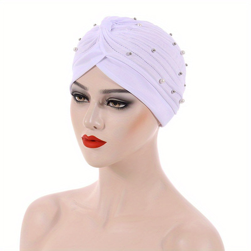 TEMU Pearl Decor Turban Solid Color Pleated Head Wraps Elastic Beanies Ramadan Headscarf Chemo For Women
