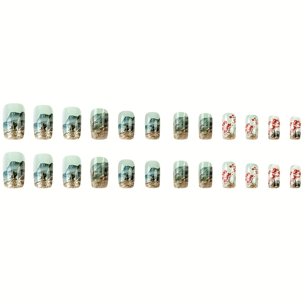 TEMU 24pcs Long Square Press-on Nails, Chinese Landscape Painting Design, Glossy Finish, Colorblock With Red Accents, Artificial Reusable False Nails