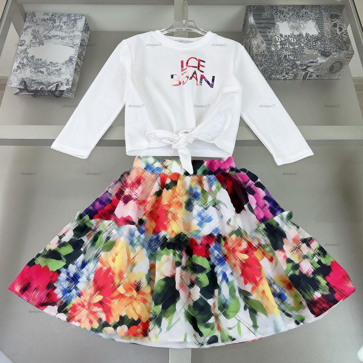 Top girls dress suits autumn flower pattern baby Tracksuits kids designer clothes Long-sleeved sweater and long dresses A075X03N032