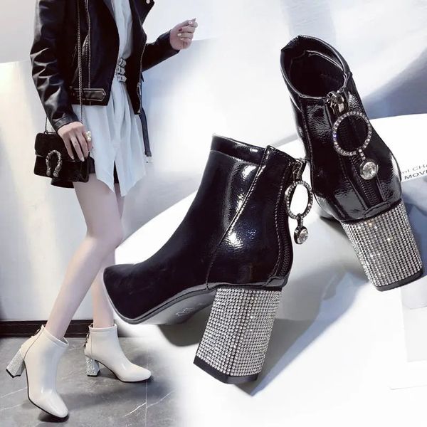 Square Toe Short Boots Womens Autumn-Winter Shoes Womens High Heels Rhinestone Thick Boots Womens Boots Large Size 241115