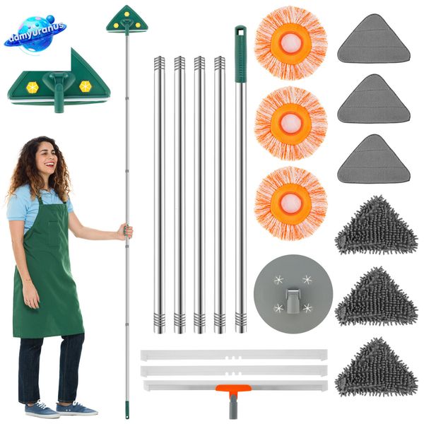 ddmyuranus Cleaning Triangle Washer Tool Telescopic Spin with Long Handle and 9 Replaceable Mop Pads Wall Cleaner
