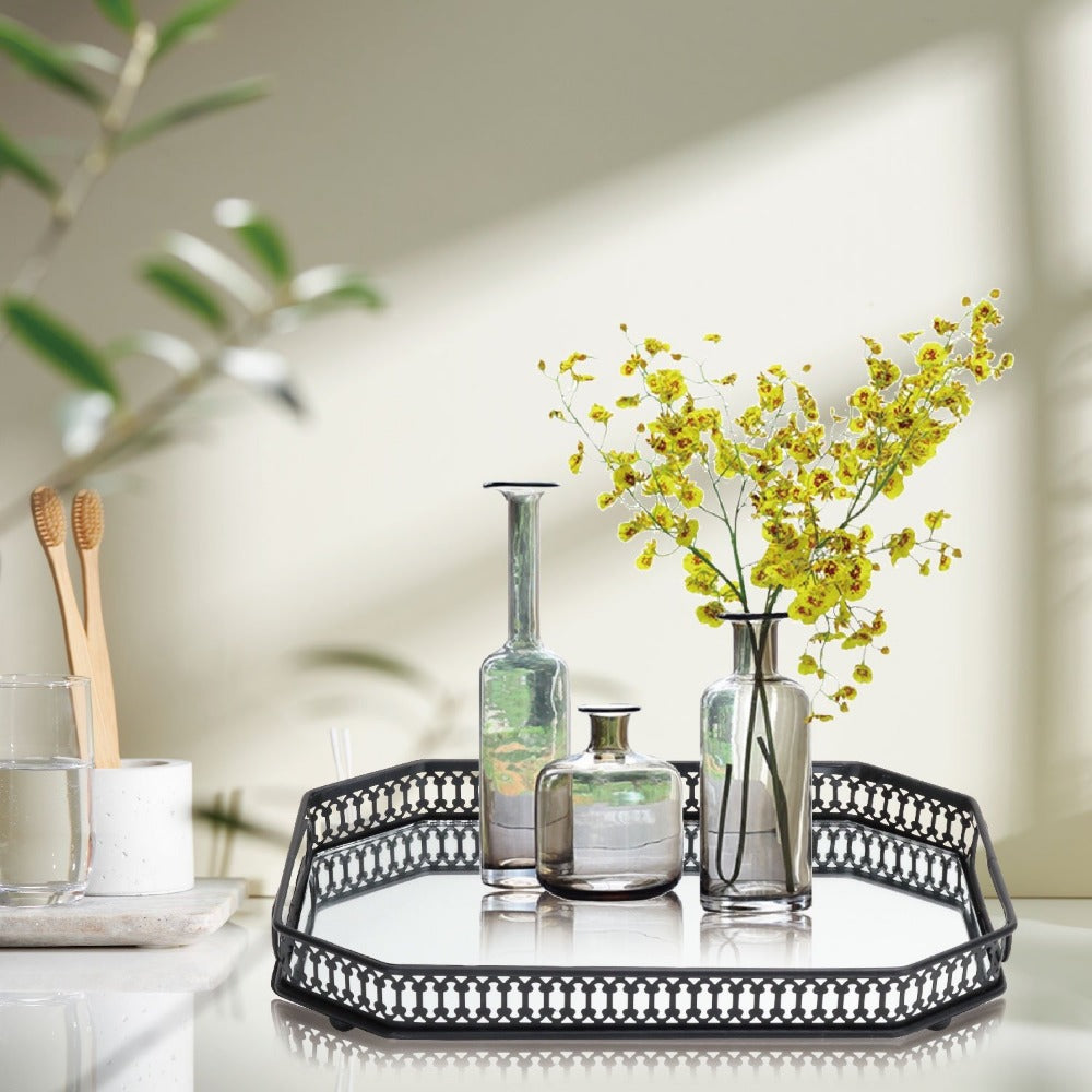 TEMU Elegant Vanity Tray With Mirror, Glass Storage Organizer For Perfume, Makeup, Cosmetics, Jewelry, Home Decor, Christmas Serving Tray