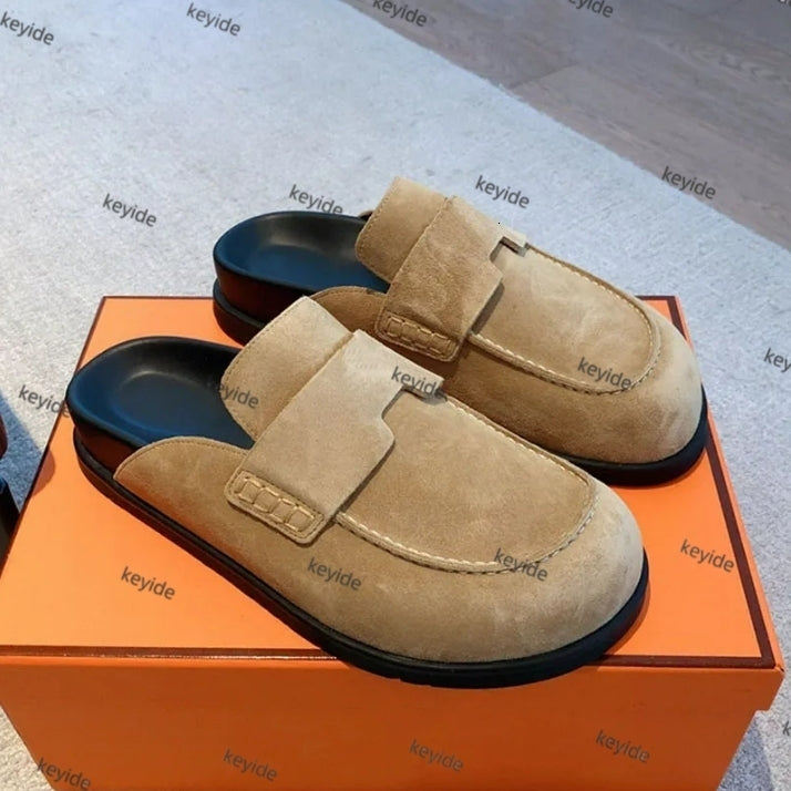 GO mule Italian designer Summer suede calfskin Mule Women Men Flat Slippers Fashion beige Indoor Slide Beach Sandals chamois Casual mule Boken wool