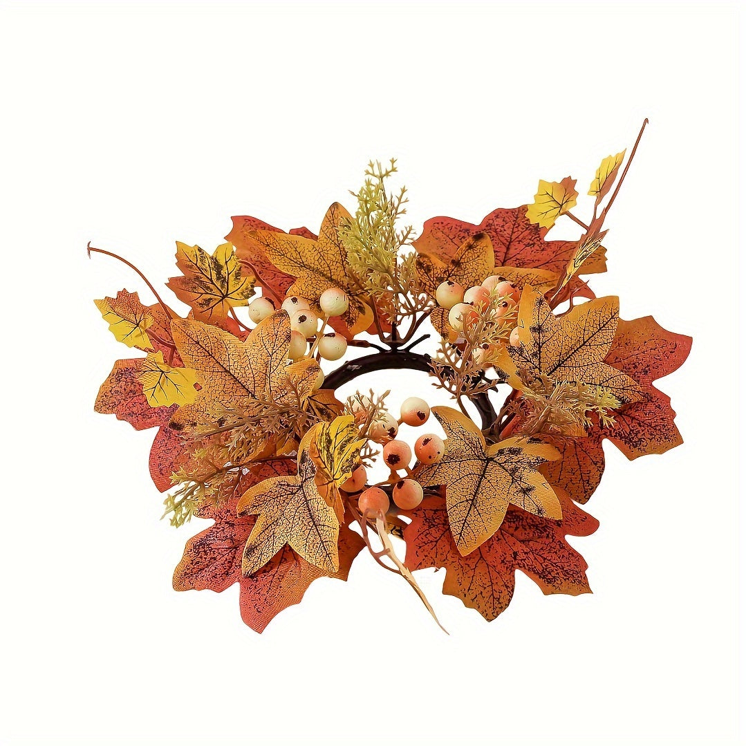 TEMU Golden Ornate Round Candle Holder Centerpiece With Autumn Foliage-like Artificial Flowers & Berries - Durable Plastic Tabletop Candlestick For