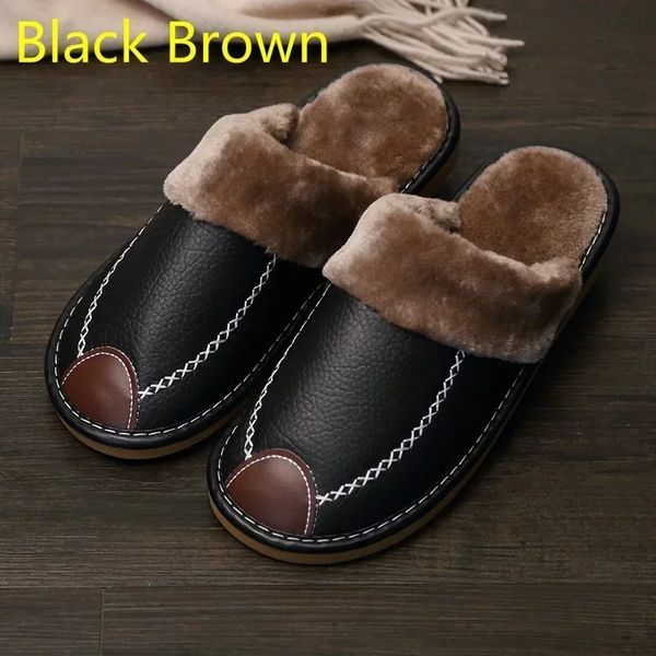 Mens leather slider winter PU leather slider warm indoor slider soft waterproof home shoes mens warm leather slider 241113
