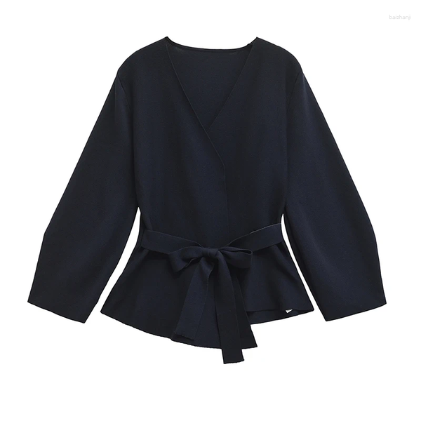 Womens Suits YENKYE Women Navy Blue With Belt Knit Blazer Long Sleeve V Neck Slim Autumn Jacket Coat Elegant Lady Outfits