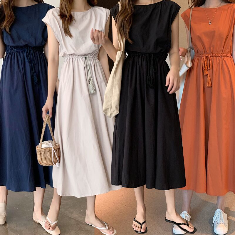 H622Dress for women in summer, gentle temperament, waist-tightening, loose-fitting, large-size cotton and linen long-swing skirt