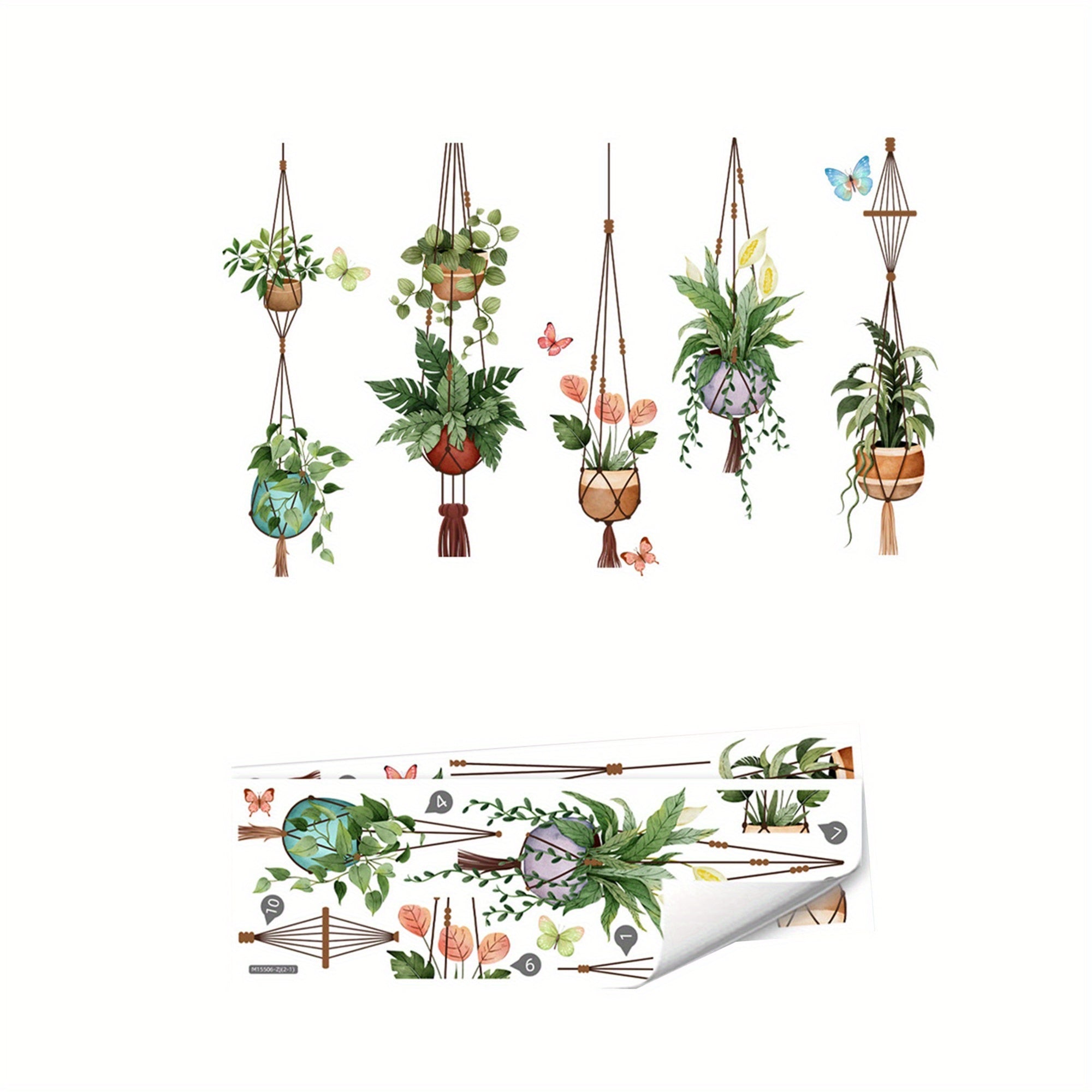 TEMU Tropical Hanging Potted Plant Wall Stickers - Vinyl Decals With Monstera, Succulents & Butterflies, Easy Green Leaf Wall Art For Living Room,