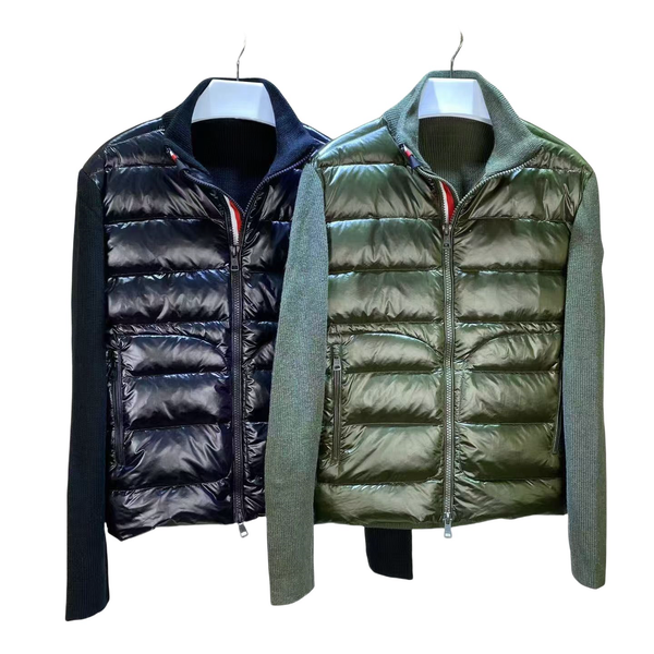 mens puffer jacket down jacket designer sweater jacket men embroidered badge stand collar wool knit patchwork down jacket men&#039;s diamond