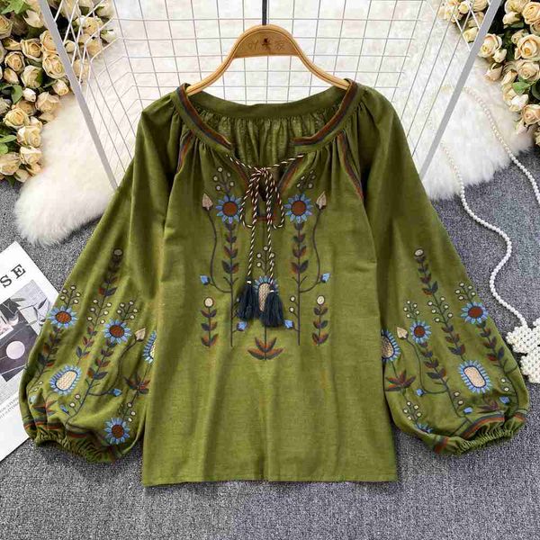 Women&#039;s Blouses Shirts Ethnic Style Blouse O-Neck Shirts Women Loose Fit Shirt Embroidered Tops Female Casual Blouses LanternSleeve Blu