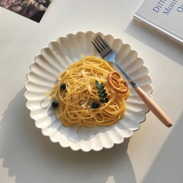 Ahundjiaz Nordic White Ceramic Plate Set Desserts Breakfast Noodles Western Cuisine Home Utensils Kitchen Plate Set Y250108