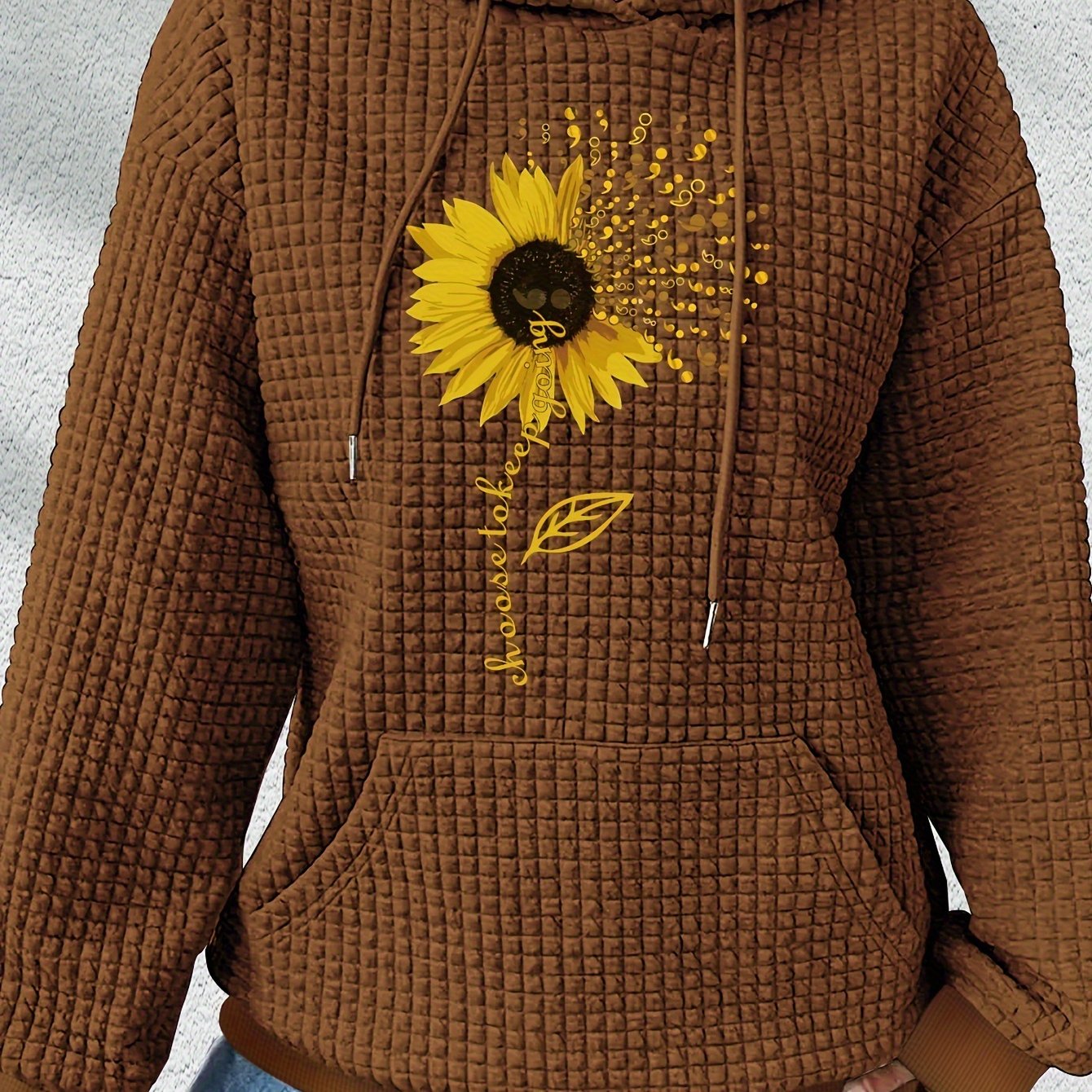 TEMU Sunflower Print Waffle Hoodie, Drawstring Kangaroo Pocket Casual Hooded Sweatshirt For Winter & Fall, Women's Clothing