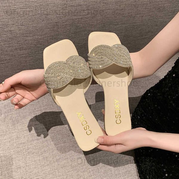 Slippers New 2024 summer flat shoes rhinestone womens shoes womens fashionable rhinestone sandals high-quality outdoor beach sliders T241202